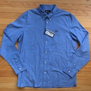 NEW Fred Perry Blue Long Sleeve Polka Dot Shirt XL